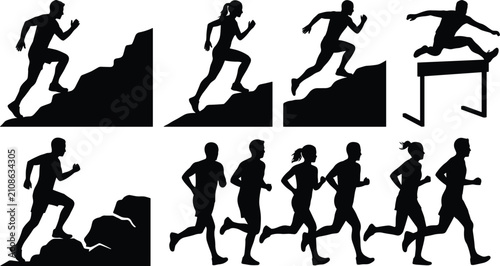 Silhouette vector set of athletes running, jumping hurdles, and jogging uphill in active fitness training.