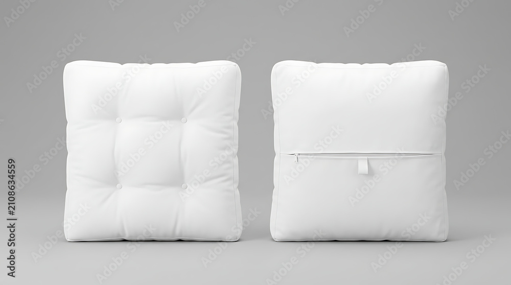 Obraz premium Tufted Square Floor Cushion With Zipper Detail Presented In White On A Neutral Background Studio Shot