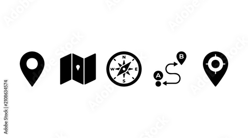 Collection of navigation and location icons including map pin, folded map, compass, route and target