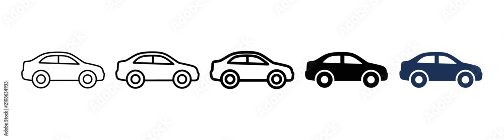Obraz premium Set of five car icons with different styles: outline, filled, silhouette, and color variations.