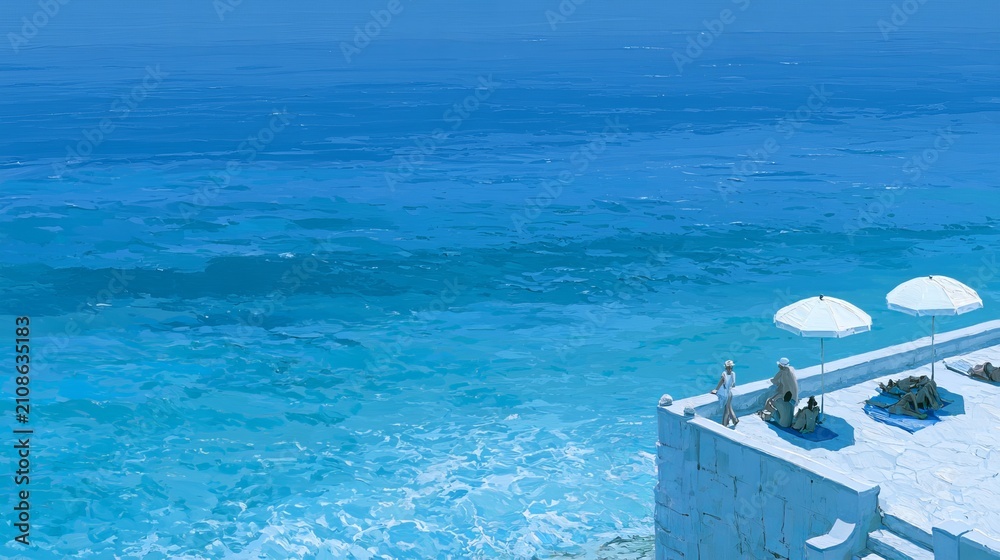 Obraz premium Sunbathers rested peacefully by the ocean, with a clear blue sea behind them.