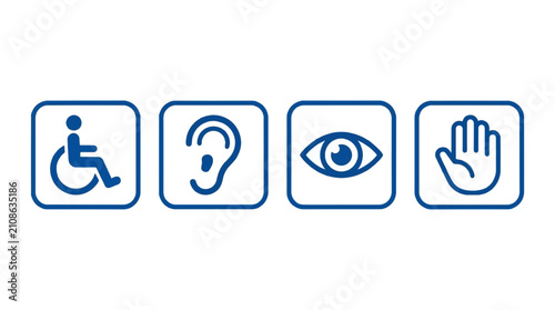 Set of four universal accessibility icons including wheelchair user hearing aid eye and hand symbols