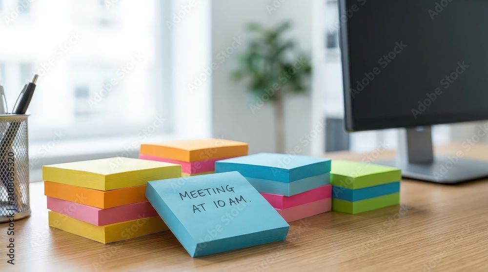 Naklejka premium Colorful sticky notes stacked on an office desk, planning, organization, productivity, creative business workflow.