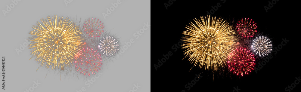 Fototapeta premium Bright gold firework cluster with red and white accents isolated on transparent background, festive starburst celebration explosion, glowing night sky effect PNG