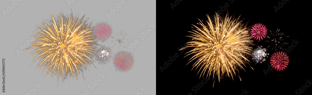 Obraz premium Golden firework with round red spark bursts isolated on transparent background, festive yellow starburst celebration explosion, glowing night effect PNG cutout