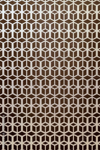 A repeating geometric pattern of white cubes and hexagons creating a three-dimensional optical illusion on a dark brown background, ideal for modern architectural textures and design backgrounds.