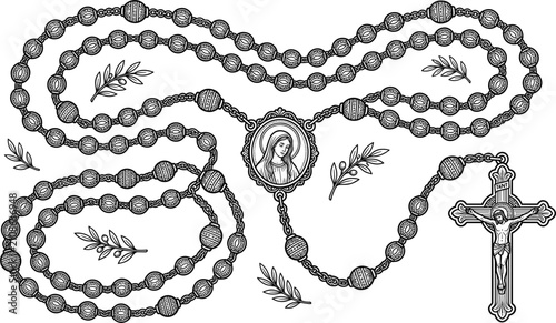 Photos Vintage Catholic Rosary Beads with Crucifix and Virgin Mary Religious Vector Ill