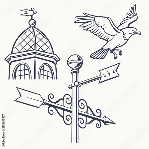 Foto Traditional wind direction indicators throughout history, clean outline vector c
