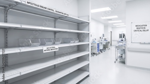 Hospital pharmacy shelving with depleted antiviral medication supplies, healthcare shortage, patient care, emergency preparedness, public health.