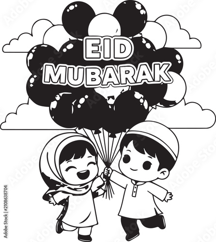 Black and white illustration of two children holding eid mubarak balloons