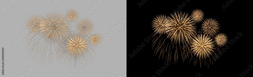 Obraz premium Cluster of gold fireworks bursting isolated on transparent background, amber spark starburst celebration effect, festive night light explosion PNG cutout