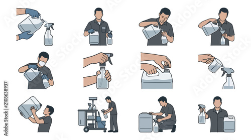 Foto Chemical mixing and cleaning solution preparation icons