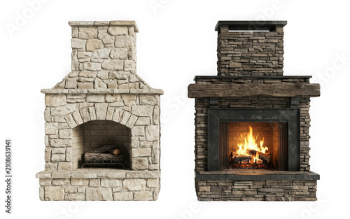 Two stone outdoor fireplaces with different designs isolated on transparent background