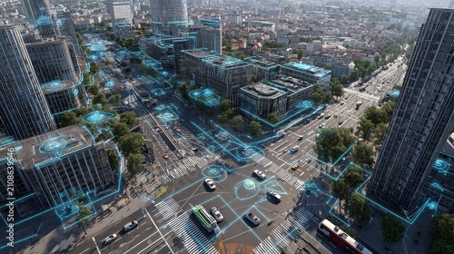 Aerial view of a futuristic city overlayed with digital connectivity graphics, showcasing urban innovation and smart technology.