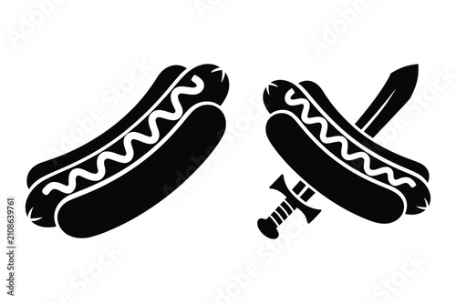 Grilled hot dog sausage and sausage on sword silhouettes with fastfood, adventure