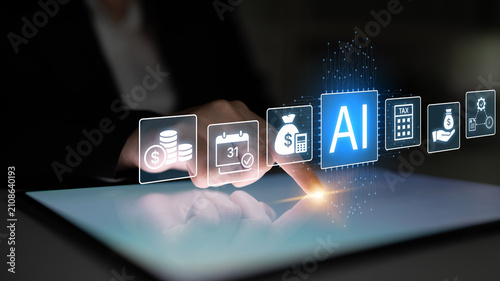 Canvastavla Hand Interacting with Digital Interface Showcasing Artificial Intelligence and Financial Management Icons