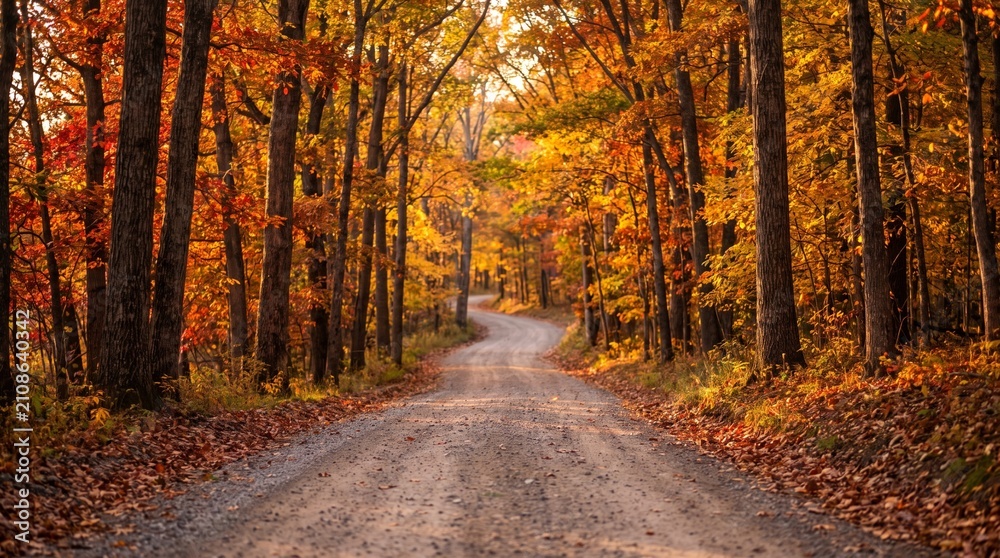 Fototapeta premium A winding dirt road through a forest with vibrant autumn foliage. The trees display a stunning array of orange, red, and yellow leaves, creating a picturesque fall scene