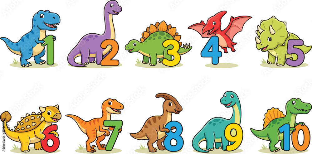 Fototapeta premium A charming illustration of ten different cartoon dinosaurs, each numbered from one to ten, designed for educational purposes.