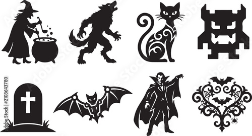 Bild auf Leinwand Set of Spooky Halloween Vector Silhouette Icons: Witch with Cauldron, Howling We