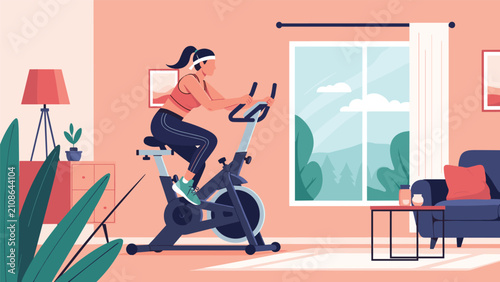 Young woman wearing sportswear focused on exercising on a modern stationary bike in her bright and cozy living room at home.