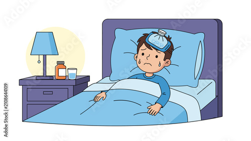 Sick young boy lying in bed with a sad expression and an ice pack on his head while feverish and sweating under a blue blanket.