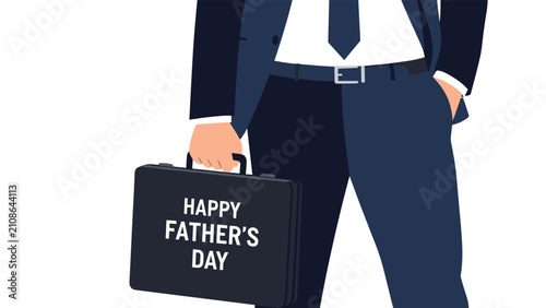 Businessman in a navy blue suit holding a black briefcase with the text Happy Father's Day printed on the side in white letters.