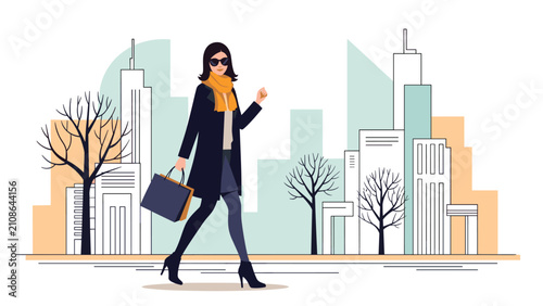 Stylish young woman wearing a black coat and orange scarf walking confidently through a city street with a dark blue shopping bag.