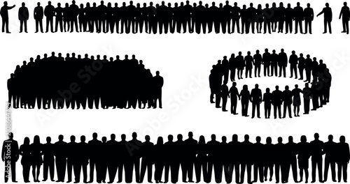 Diverse group of people in silhouette arranged in various formations and lines