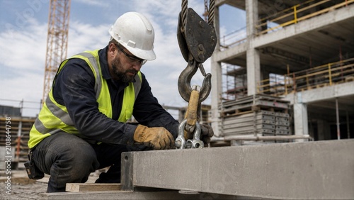 Construction worker inspects rigging hardware before crane lift, showing sling, shackle, safety check and controlled preparation while load rests securely.