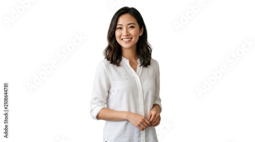 Happy young asian woman wearing a white shirt smiling at the camera and standing in a friendly and professional pose