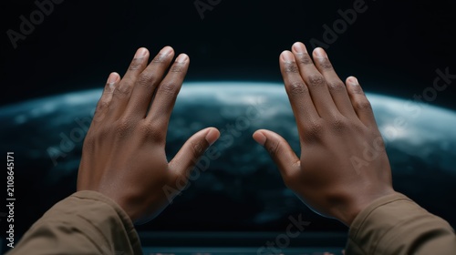 Two hands reaching out towards a blurred view of Earth from space, symbolizing connection, exploration, and the vastness of the universe.