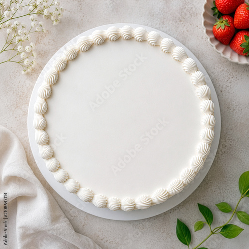 Blank white round cake mockup with piped buttercream border, top view. Minimalist bakery template with strawberries and gypsophila for wedding, birthday and custom cake design.