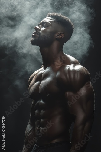 Strong man with focused expression under smoke in a low-light setting showcasing impressive physique and muscle definition