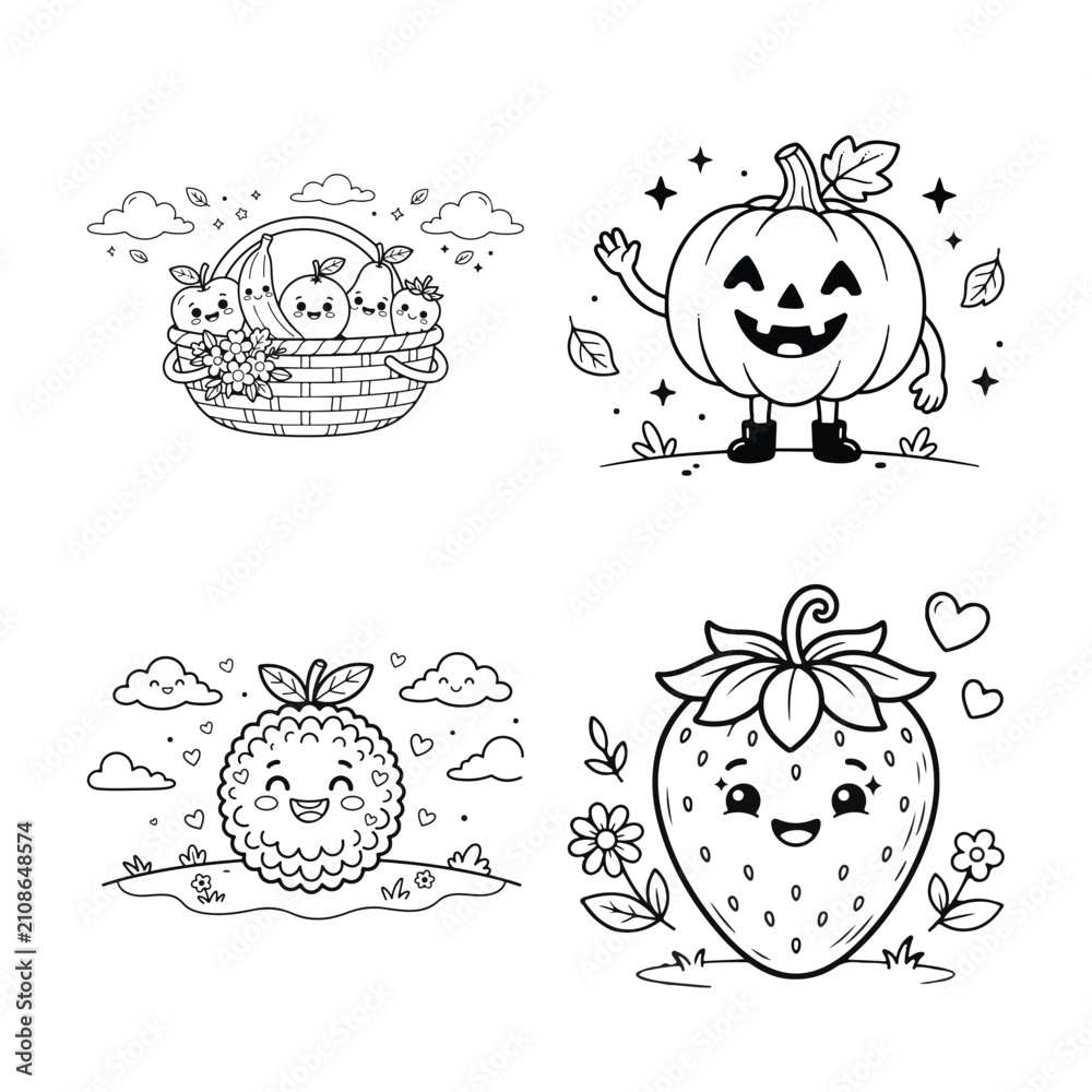 Fototapeta premium Cute Kawai Fruits Coloring Page Smiling Fruit Basket and Pumpkin Line Art