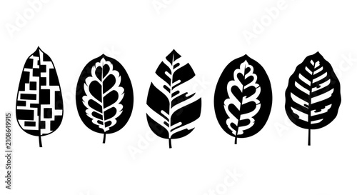 Patterned black leaf silhouettes with intricate internal geometric designs.