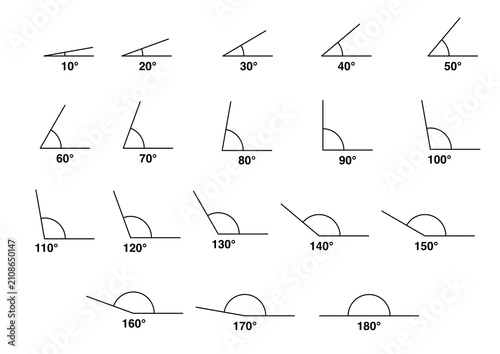 Different angles degrees icon set from 10 to 180 degree.10,20,30,40,50, 60,70,80,90,100,110,120,130,140, 150,160,170 and 180 degree icon set.. Angles set for math theachers