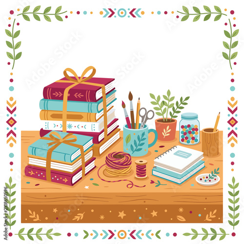 Colorful childrens wooden block set with toy train and buildings.