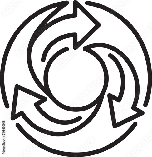 Three-segment circular flywheel icon with directional arrows for business growth and process improvement