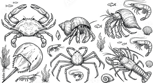Canvastavla Vintage crustacean set with crab hermit crab lobster shrimp horseshoe crab spider crab line art vector illustration