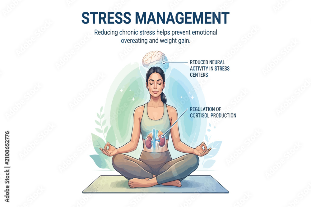 Obraz premium Meditation illustration shows stress reduction and cortisol regulation for emotional balance.