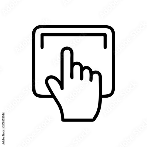 Hand pressing button on touch screen device icon.