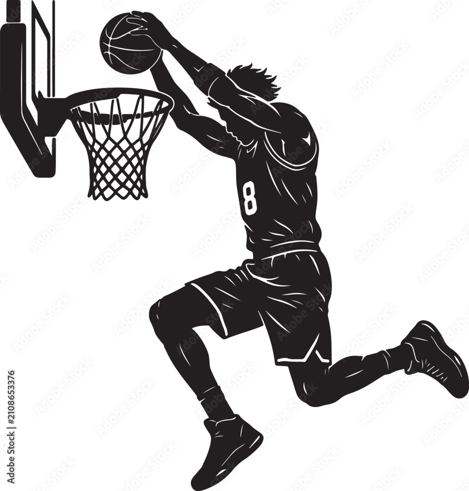 Obraz premium Black and white silhouette of a basketball player wearing jersey number 8, performing a powerful slam dunk into a basketball hoop with a net