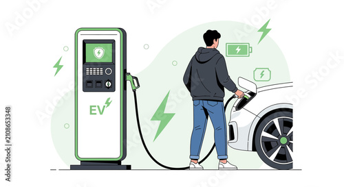Electric car charging at station, man plugging in charger, eco-friendly transport concept