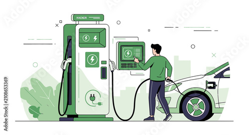 Electric car charging station with man and futuristic vehicle, eco-friendly transport concept
