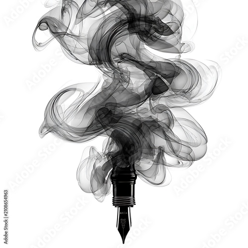 Conceptual Fountain Pen Nib with Ethereal Black Ink Smoke on White Background