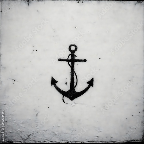 Minimalist black anchor symbol centered on a textured white wall with copy space