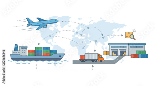 Global logistics and supply chain management with ship airplane and truck transport