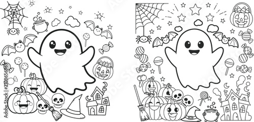 Cute Halloween Ghost Coloring Pages Bundle with Pumpkins, Bats, Spider Web, Candy and Haunted House - Black and White Line Art