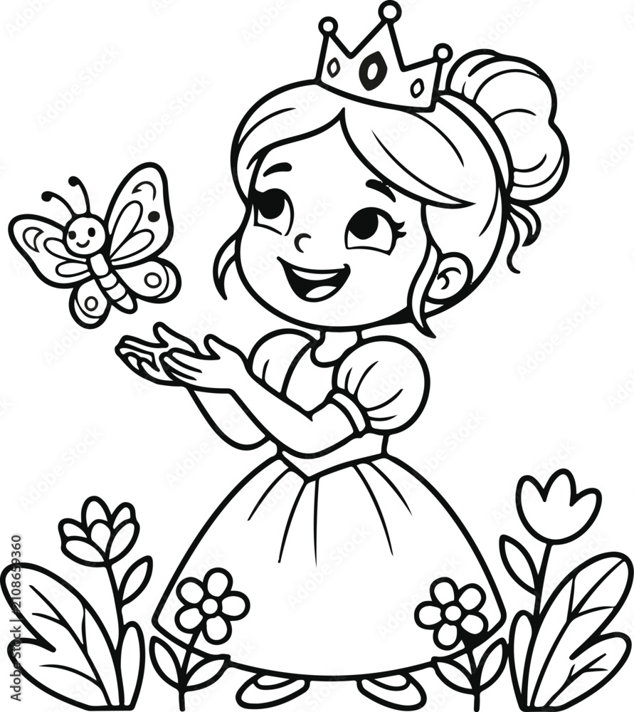 Fototapeta premium Cute princess coloring page for kids. Little girl with crown and butterfly line art drawing.