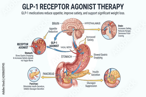 Diagram illustrating GLP‑1 agonist signaling between brain, stomach, and pancreas for weight control.